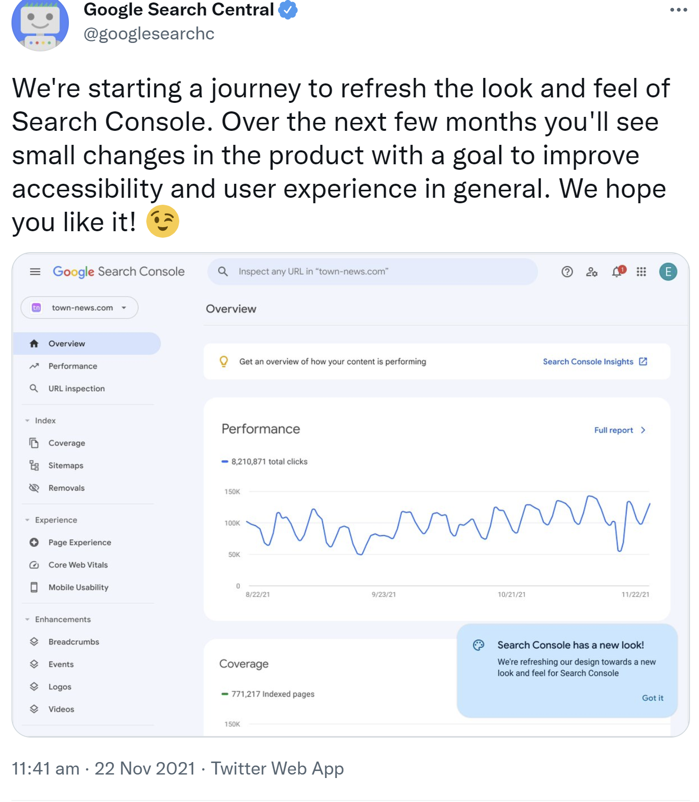 Google gibt neues Look and Feel für die Search Console bekannt
