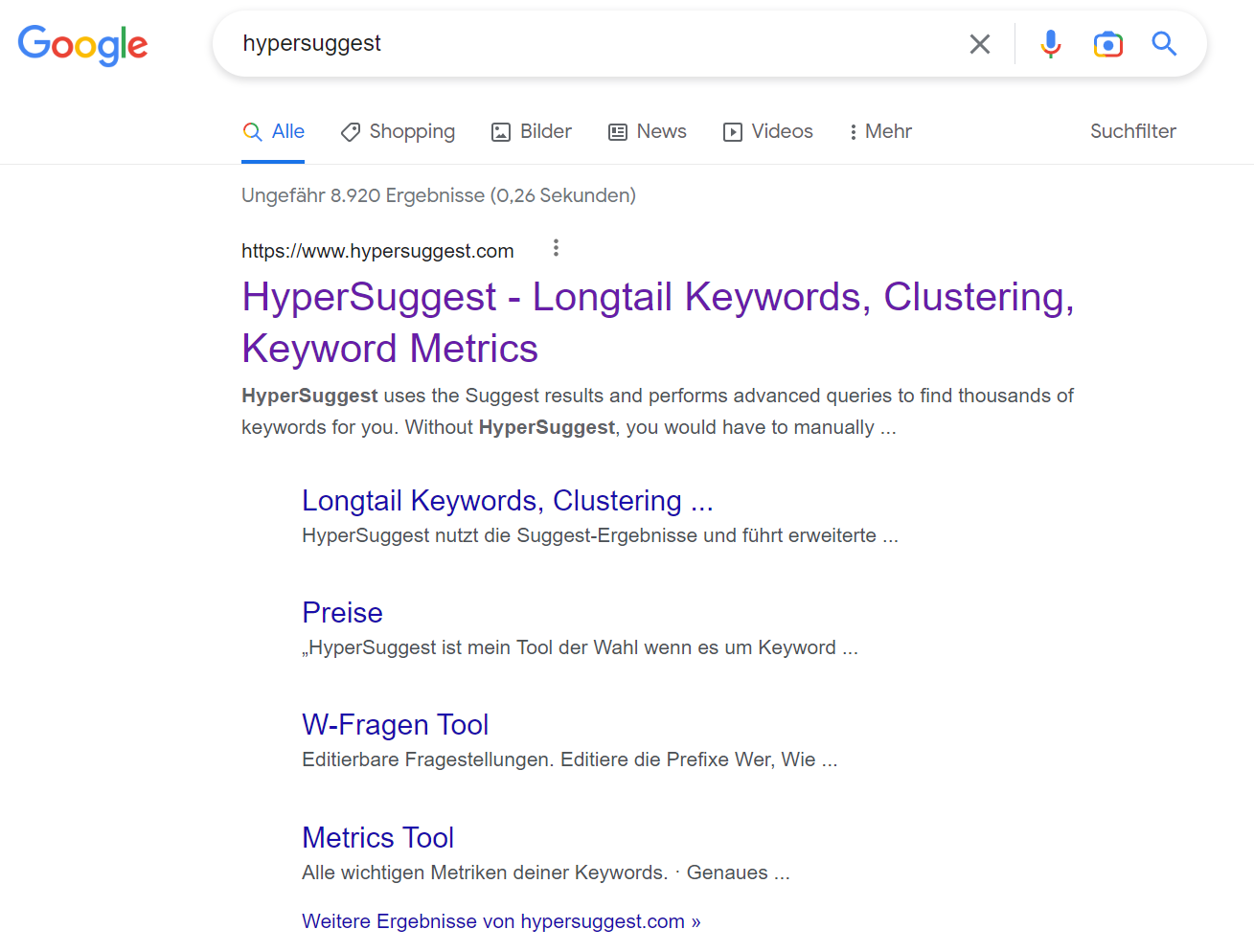 Google: größere Schriftart des Title Links für das erste Suchergebnis