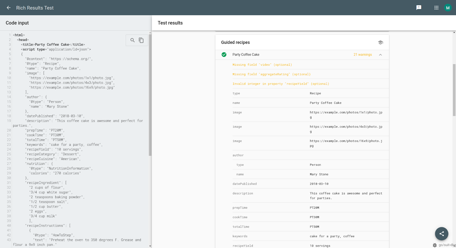 Rich Results Test: Ergebnisse zu 'Guided Recipes'
