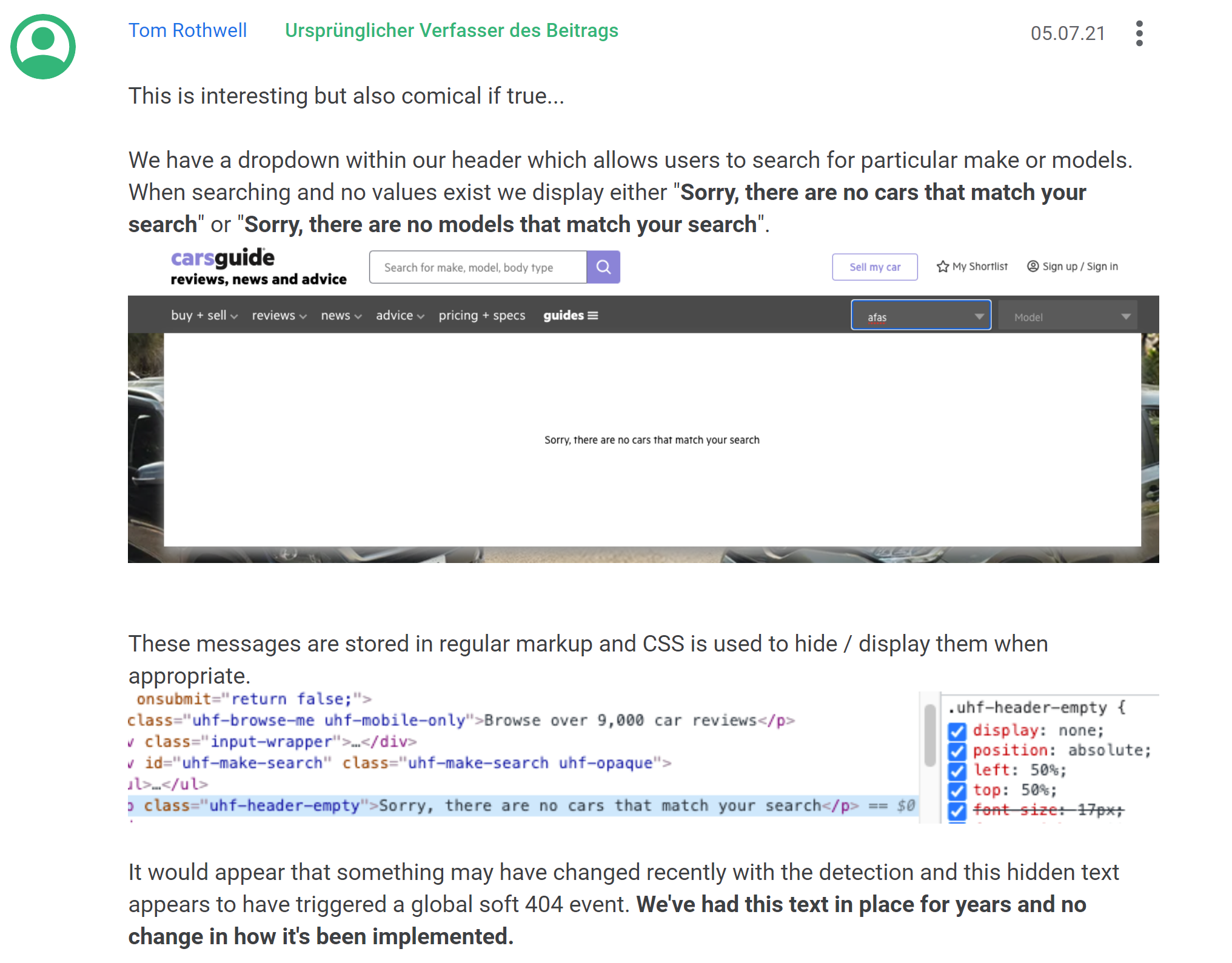 Google: Sind Hinweise im Quellcode Ursache für Soft-404-Fehler?