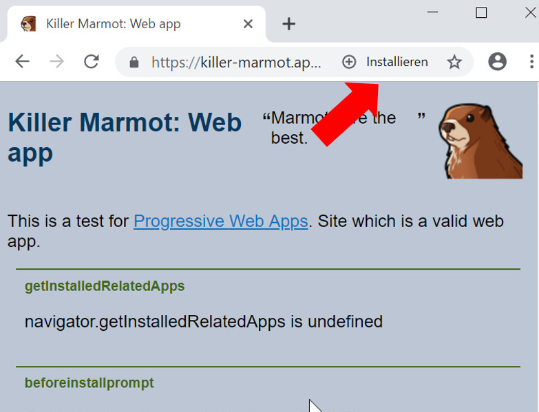 Google Chrome: Hinweis zum Installieren einer PWA