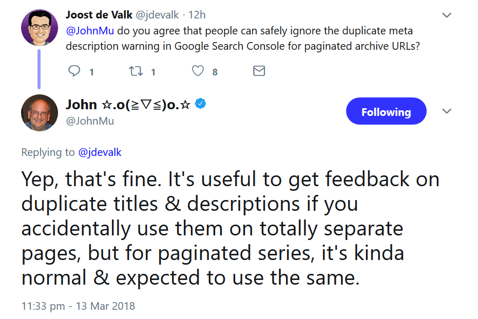 Google: Hinweise auf doppelte Titel und Descriptions können bei paginierten Seiten ignoriert werden