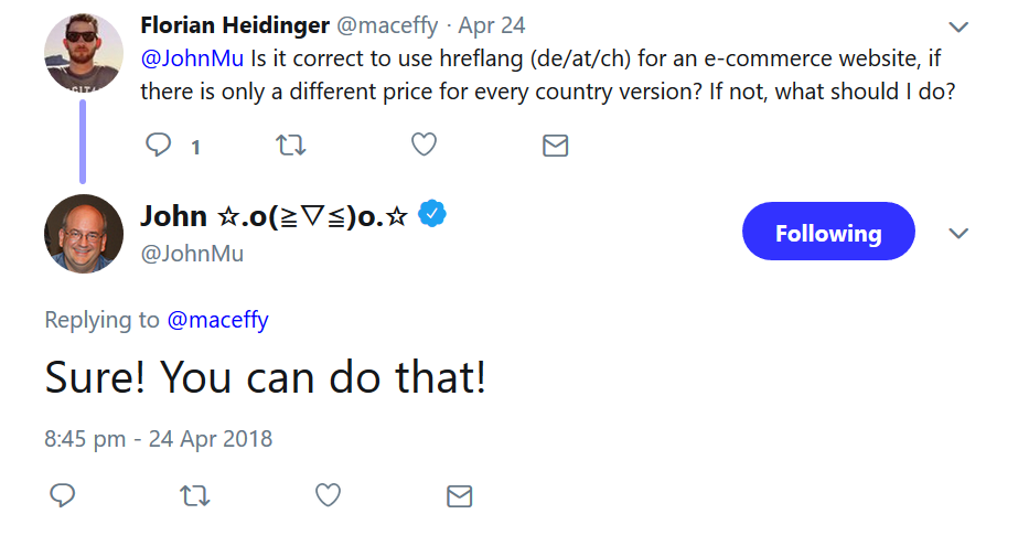 Google: Unterschiedliche Preise rechtfertigen den Einsatz von hreflang