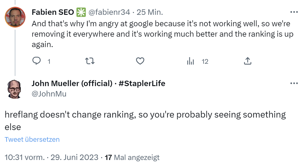 Google: Hreflang wirkt sich nicht auf das Ranking aus - John Müller auf Twitter