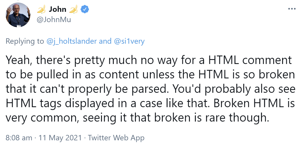 Google: HTML-Kommentare können nur bei fehlerhaftem HTML in den Suchergebnissen erscheinen