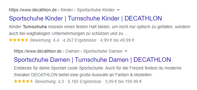 Google: Indented Search Result: Beispiel für Decathlon