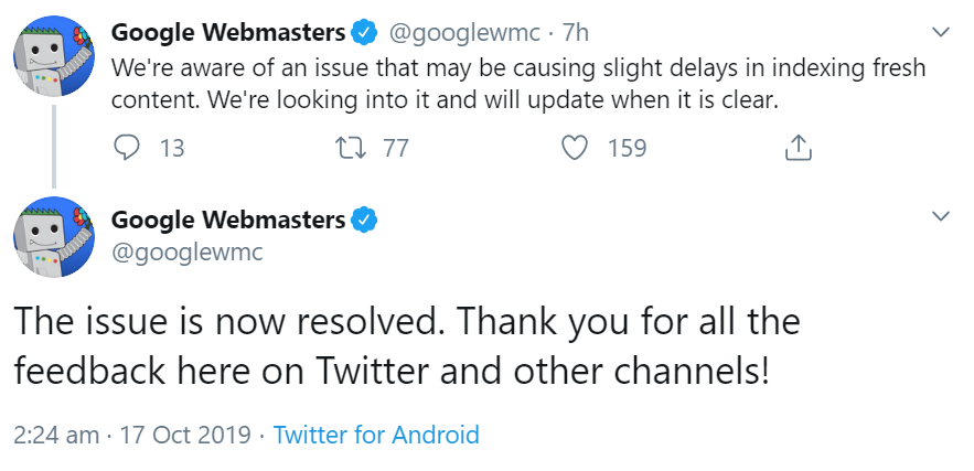 Google: Indexierungsprobleme Oktober 2019