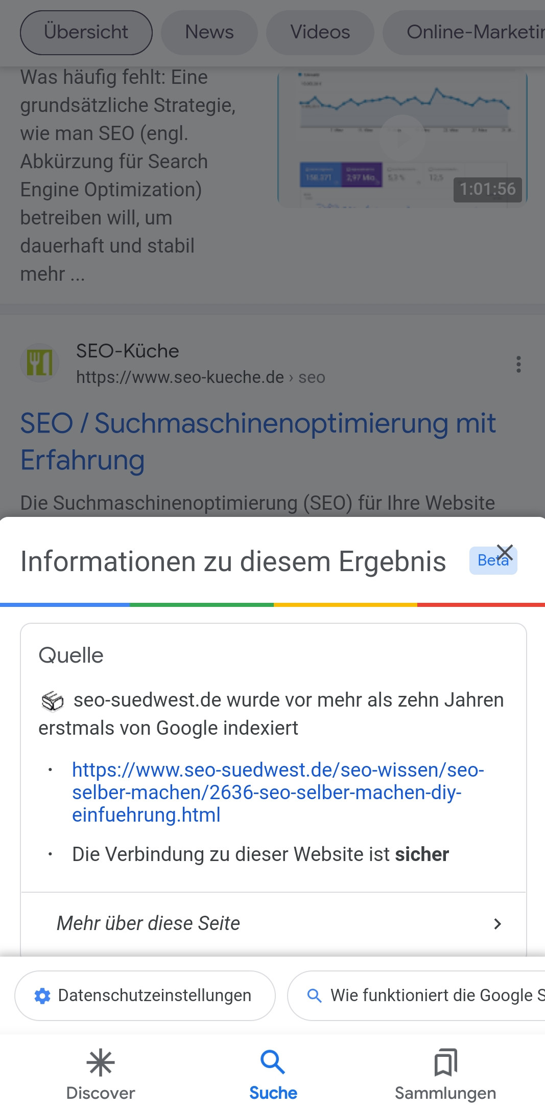 Google 'Informationen zu diesem Ergebnis' auf mobiler Suchergebnisseite