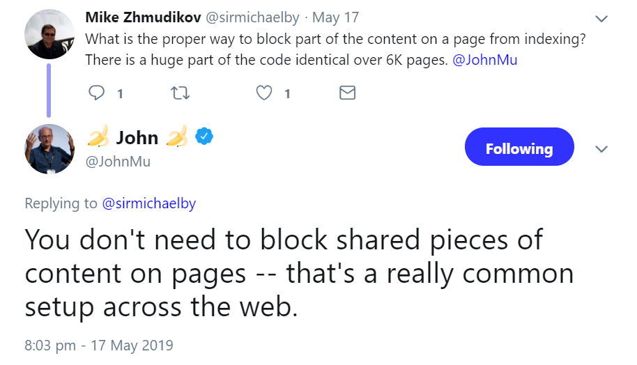 Google: Inhalte, die auf mehreren Seiten verwendet werden, müssen nicht blockiert werden