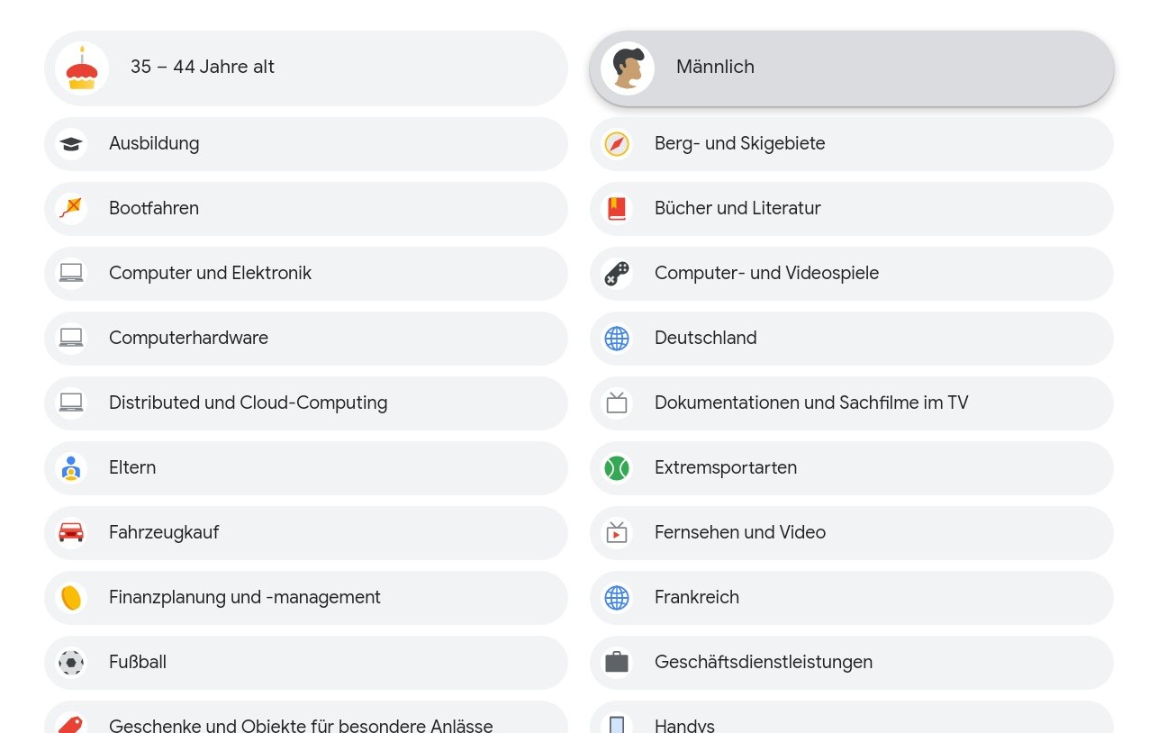Google: gesammelte Interessen eines Nutzers