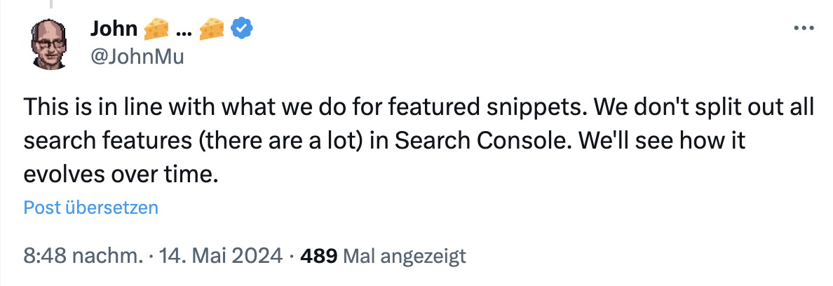 Daten aus den AI Overviews werden nicht separat in der Google Search Console ausgewiesen - John Müller auf Twitter