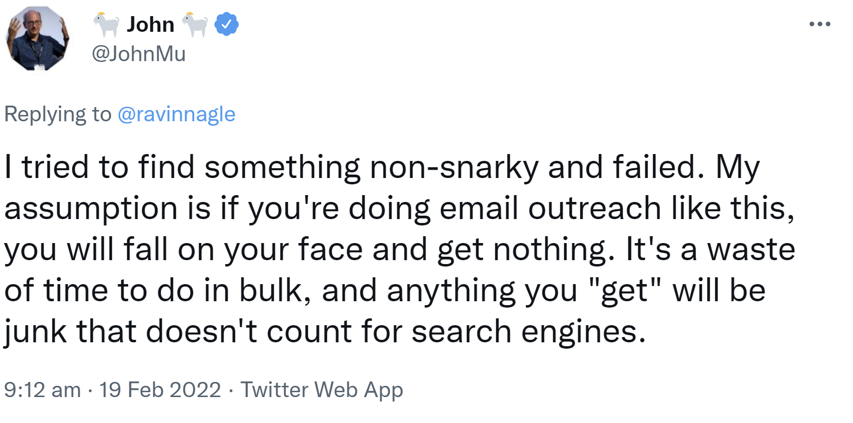 John Müller zum massenhaften E-Mail Outreach für Links: 'Du fällst auf die Nase und bekommst nichts.'