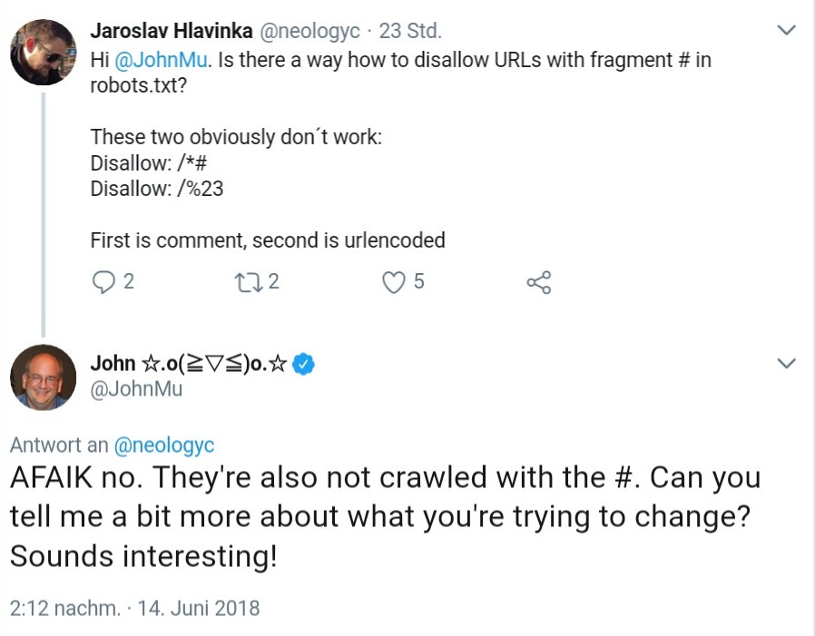 Google: kein Sperren von Fragment-URLs per robots.txt möglich