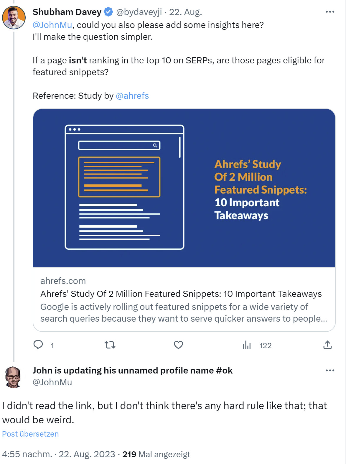 Google: Kein Top-10-Ranking für ein Featured Snippet nötig - John Müller auf Twitter
