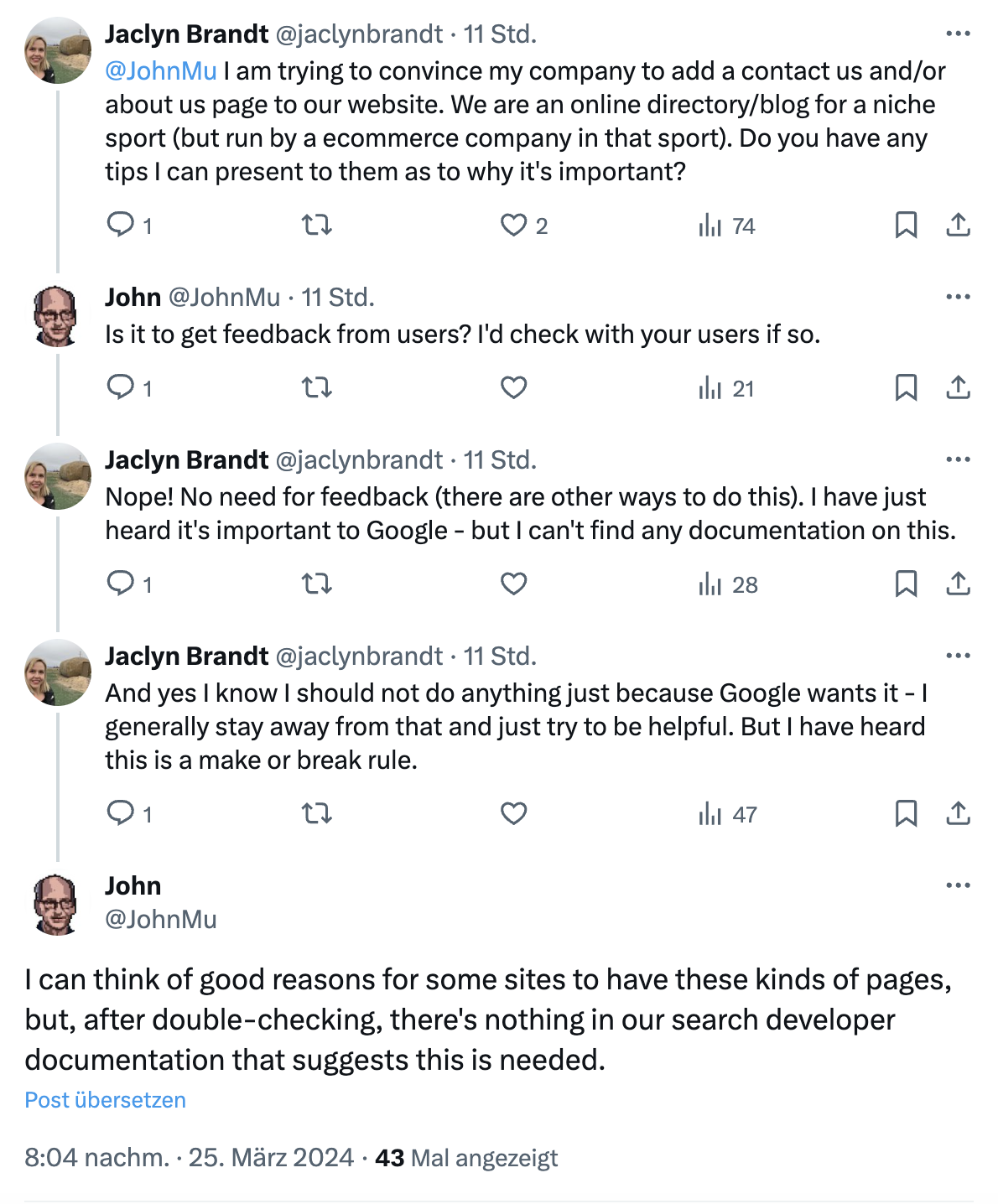 Google: keine ausdrückliche Empfehlung für das Anbieten eine Über uns-Seite oder einer Kontaktseite