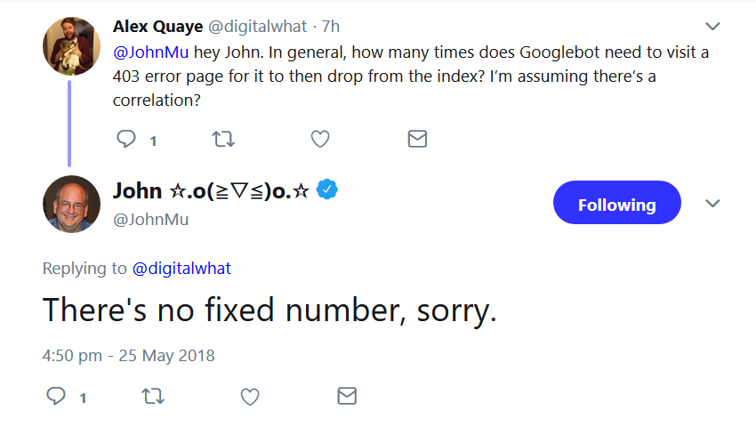 Google: keine feste Zahl von vergeblichen Versuchen, nach denen 403-Seiten gelöscht werden