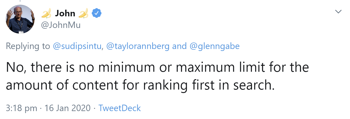 Google: keine Unter- und Obergrenze für Inhalte, um auf Platz 1 zu ranken