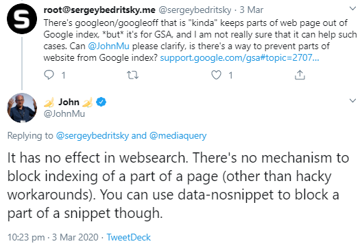 Google: keine Möglichkeit, Bereiche einer Seite vom Indexieren auszuschließen
