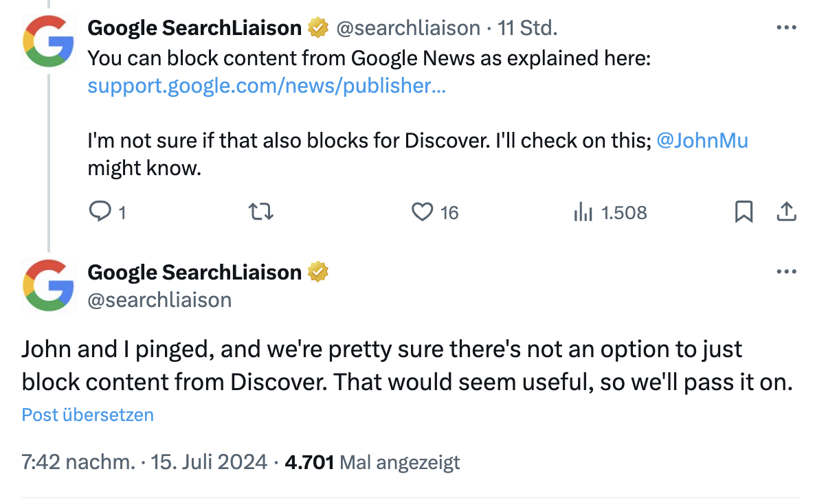 Google: keine Möglichkeit, Inhalte nur für Discover zu sperren