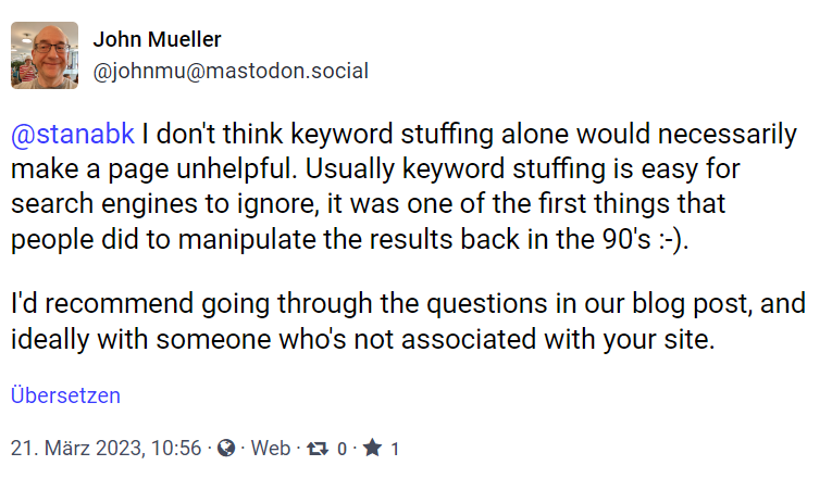 Google: Keyword Stuffing muss nicht zu unhelpful Content führen