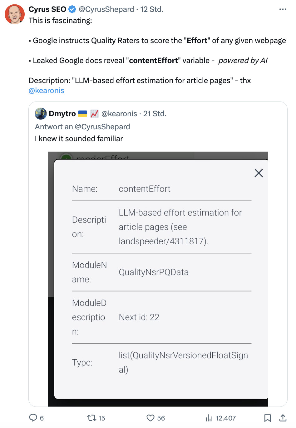 Google Leak: Cyrus Shepard aud Twitter zu contentEffort