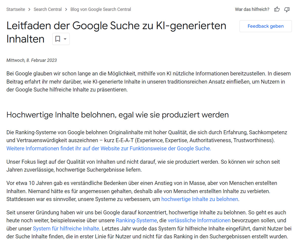 Google Leitfaden zu KI-Inhalten