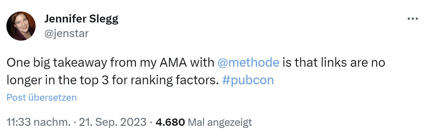 Google: Backlinks gehören nicht mehr zu den wichtigsten drei Rankingfaktoren - Jennifer Slegg auf Twitter