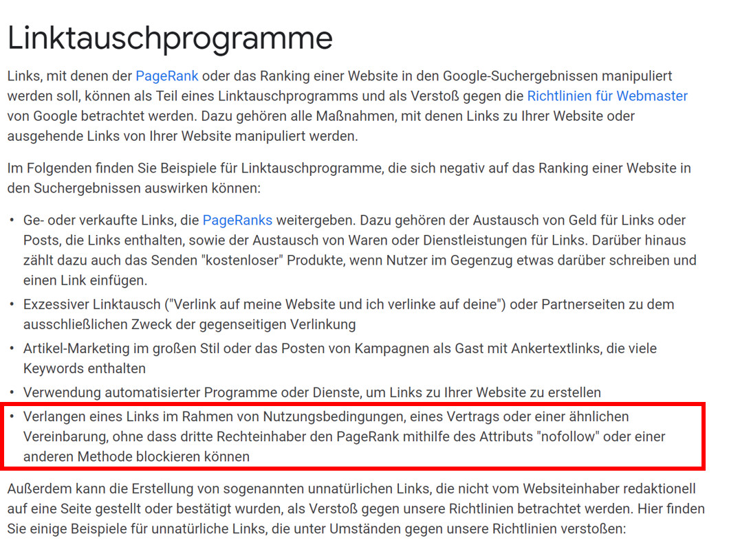 Google: neuer Punkt auf der Seite 'Linktauschprogramme' verbietet das Einfordern von Links ohne 'nofollow'