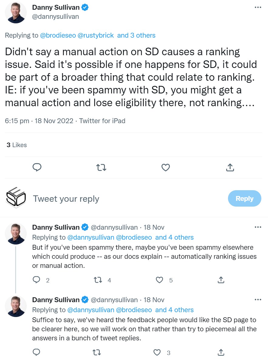 Google: manuelle Maßnahme, die nur wegen Spam in strukturierten Daten verhängt wird, bezieht sich nicht auf die Rankings