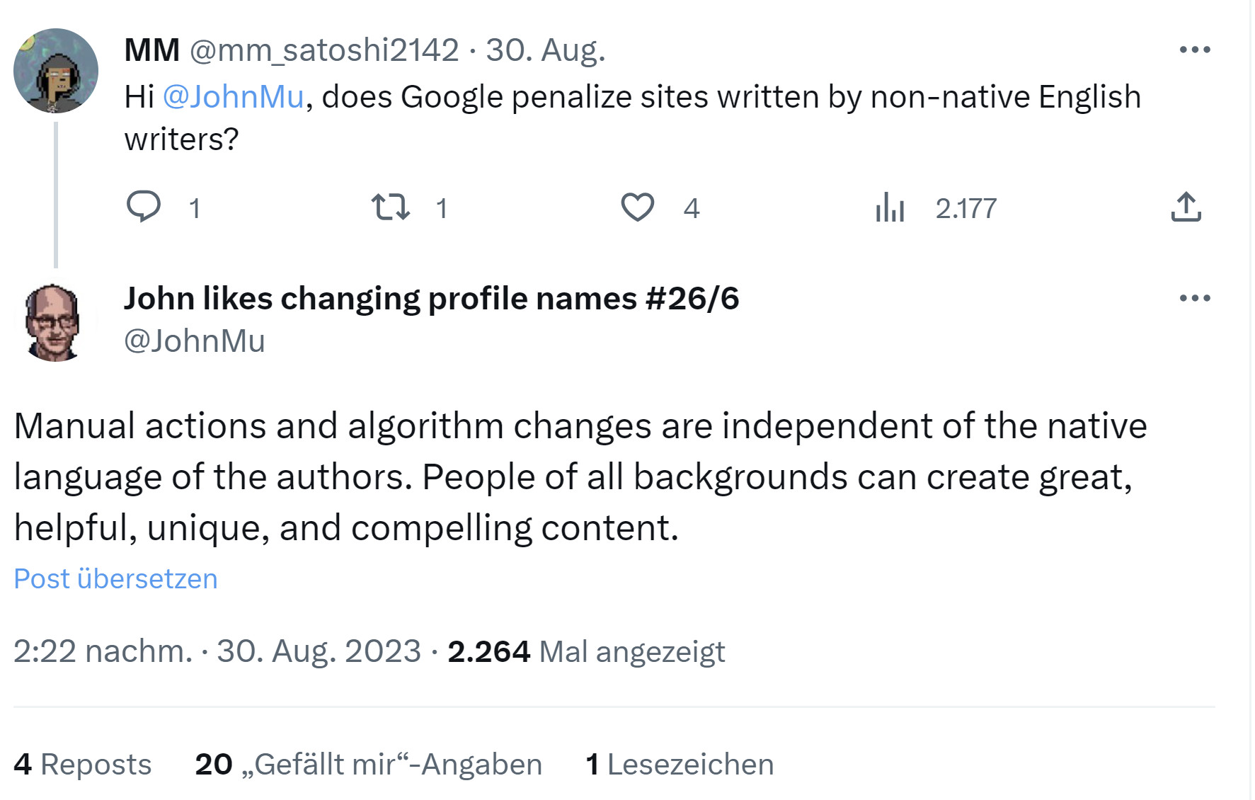 Google: Manuelle Maßnahmen und Änderungen der Algorithmen sind unabhängig von der Muttersprache