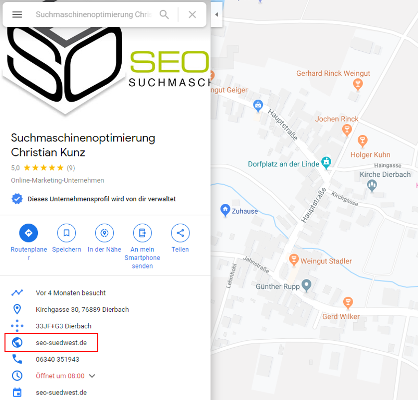 Google Maps-Eintrag mit externem Link