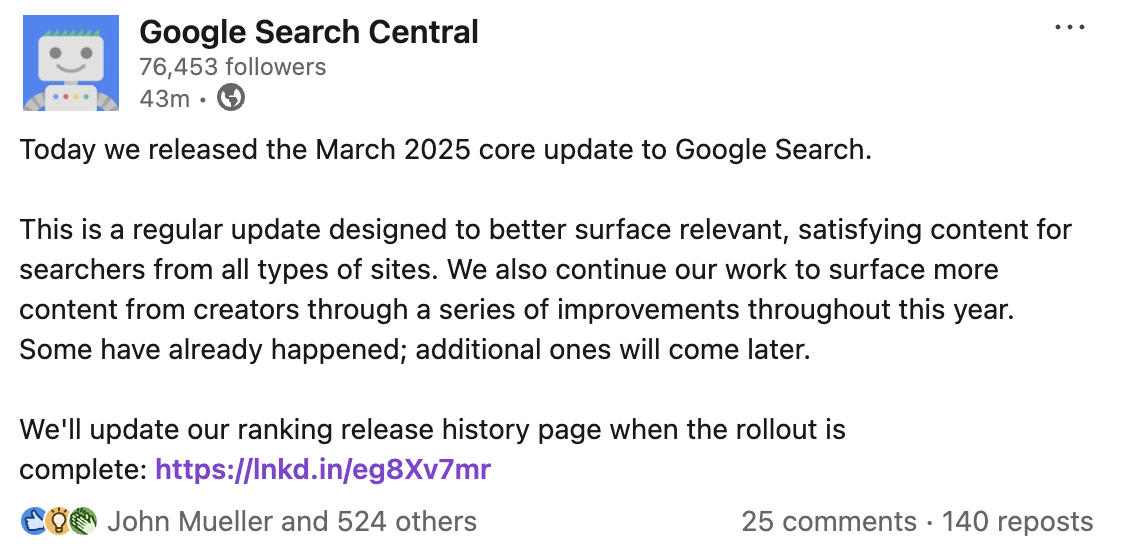 Google rollt das March 2025 Core Update aus - Post auf LinkedIn