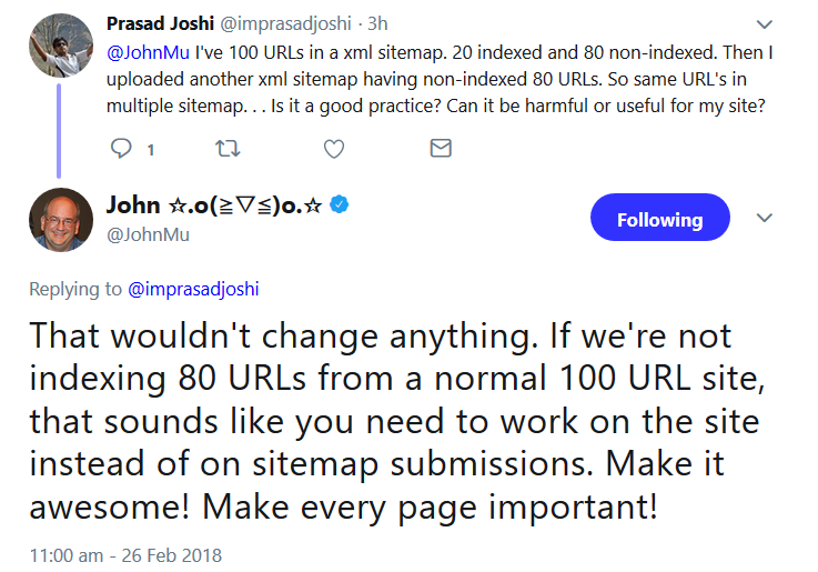 Google: mehrere Sitemaps führen nicht zu mehr indexierten URLs
