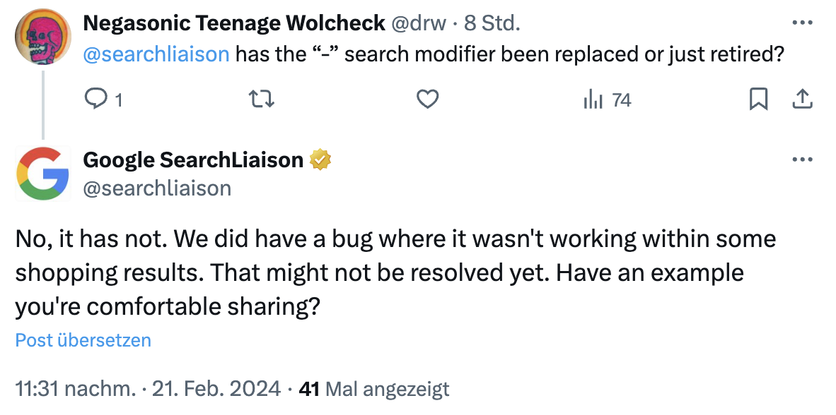 Google: Minus-Suche-Operator funktionierte nicht für manche Shopping-Suchen
