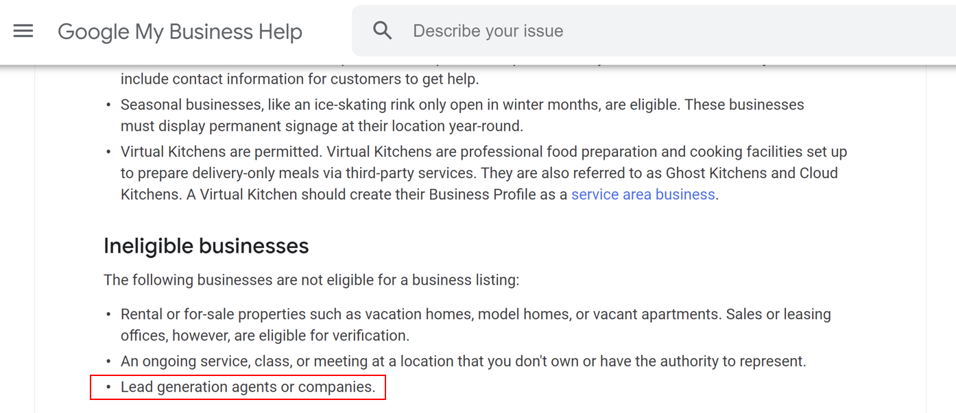 Google My Business: Lead Generation Companies ausgeschlossen
