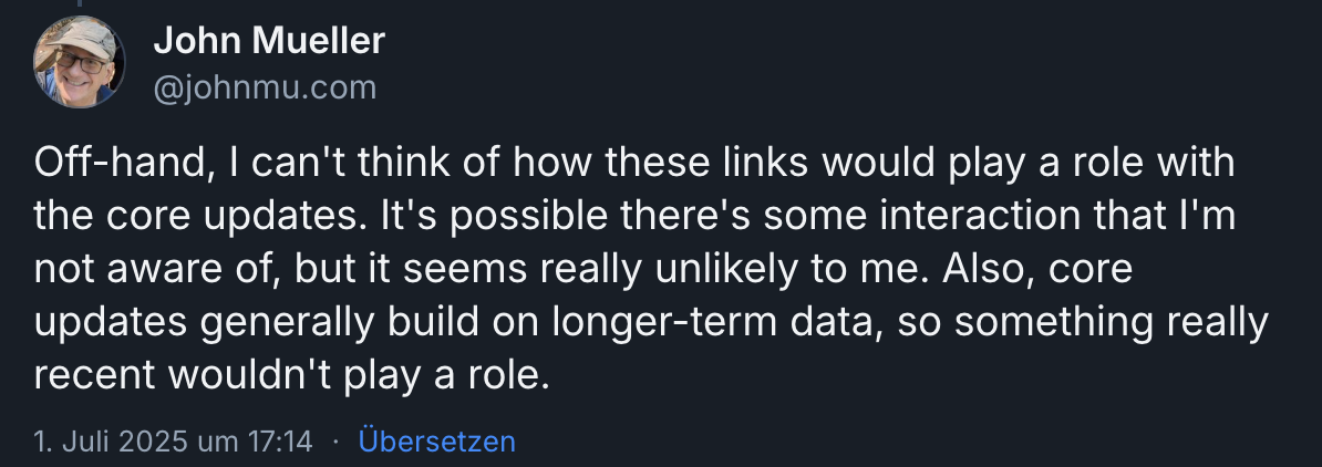 Google: Neue Links haben wohl keine Auswirkungen auf Core Update - John Müller auf Bluesky