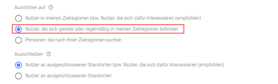 Google: neue Standort-Option für Personen, die sich gerade oder regelmäßig in einer der Zielregionen befinden