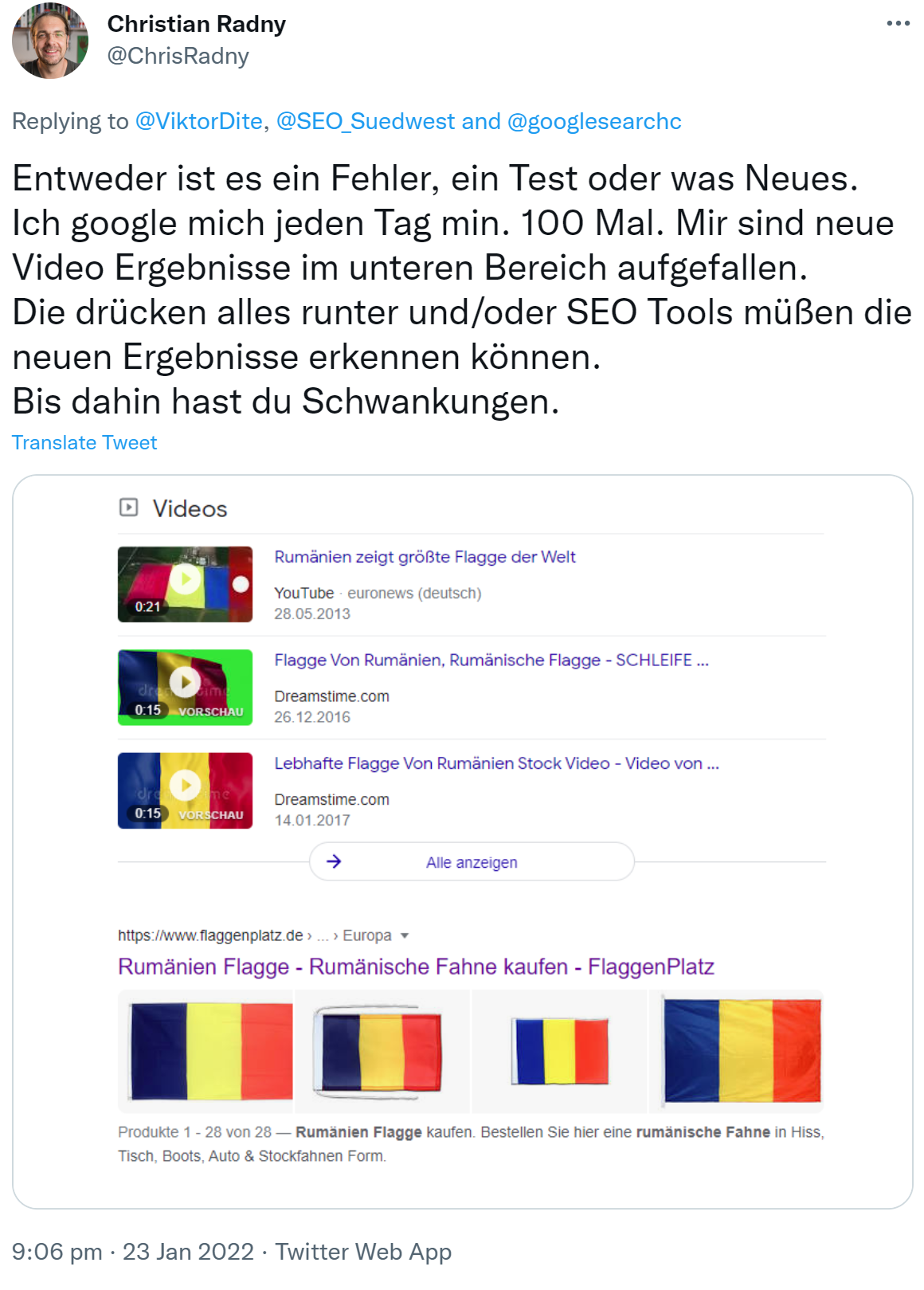 Neue Video-Ergebnisse auf den Suchergebnisseiten von Google? Christian Radny auf Twitter