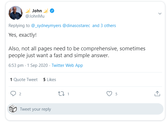 Google: Nicht alle Seiten müssen umfangreich sein, manchmal wollen die Nutzer einfach eine kurze und simple Antwort