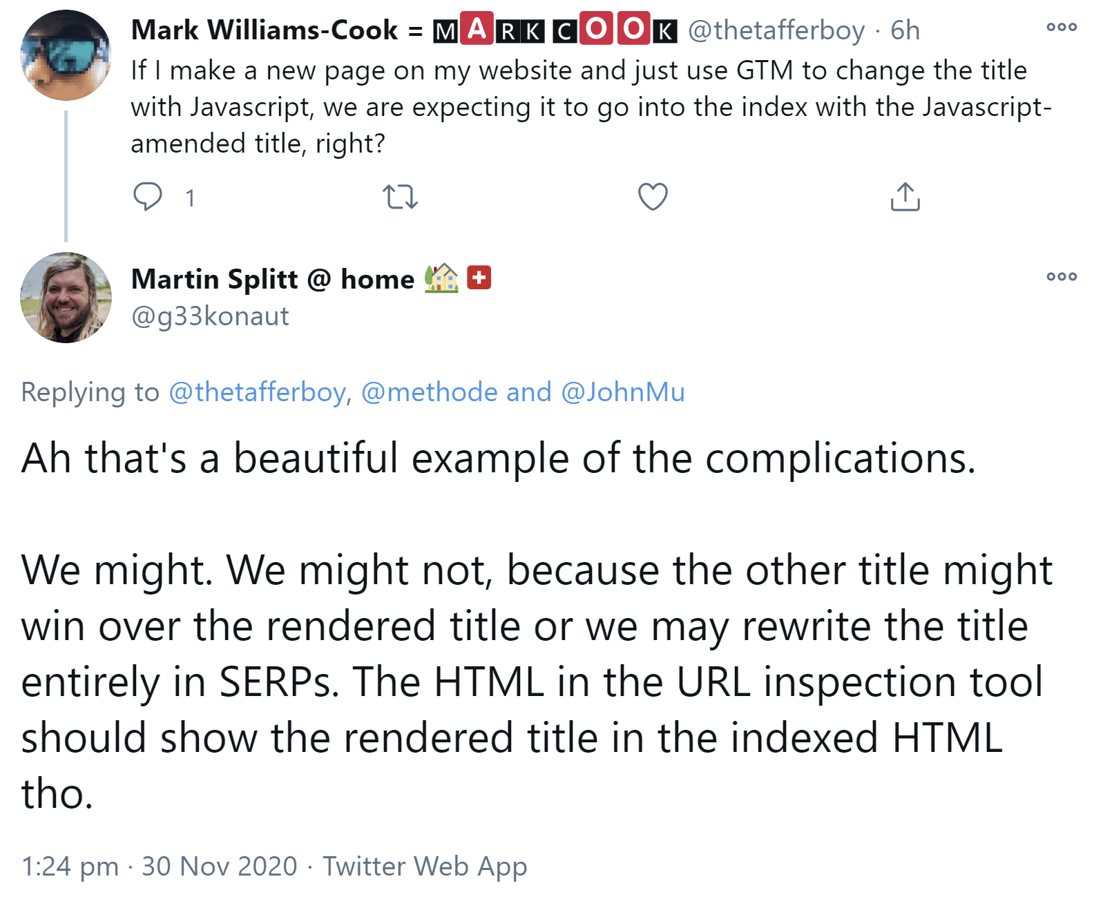 Bei Verwendung des Google Tag Managers ist es nicht sicher, dass Google die gerenderten Metadaten indexiert