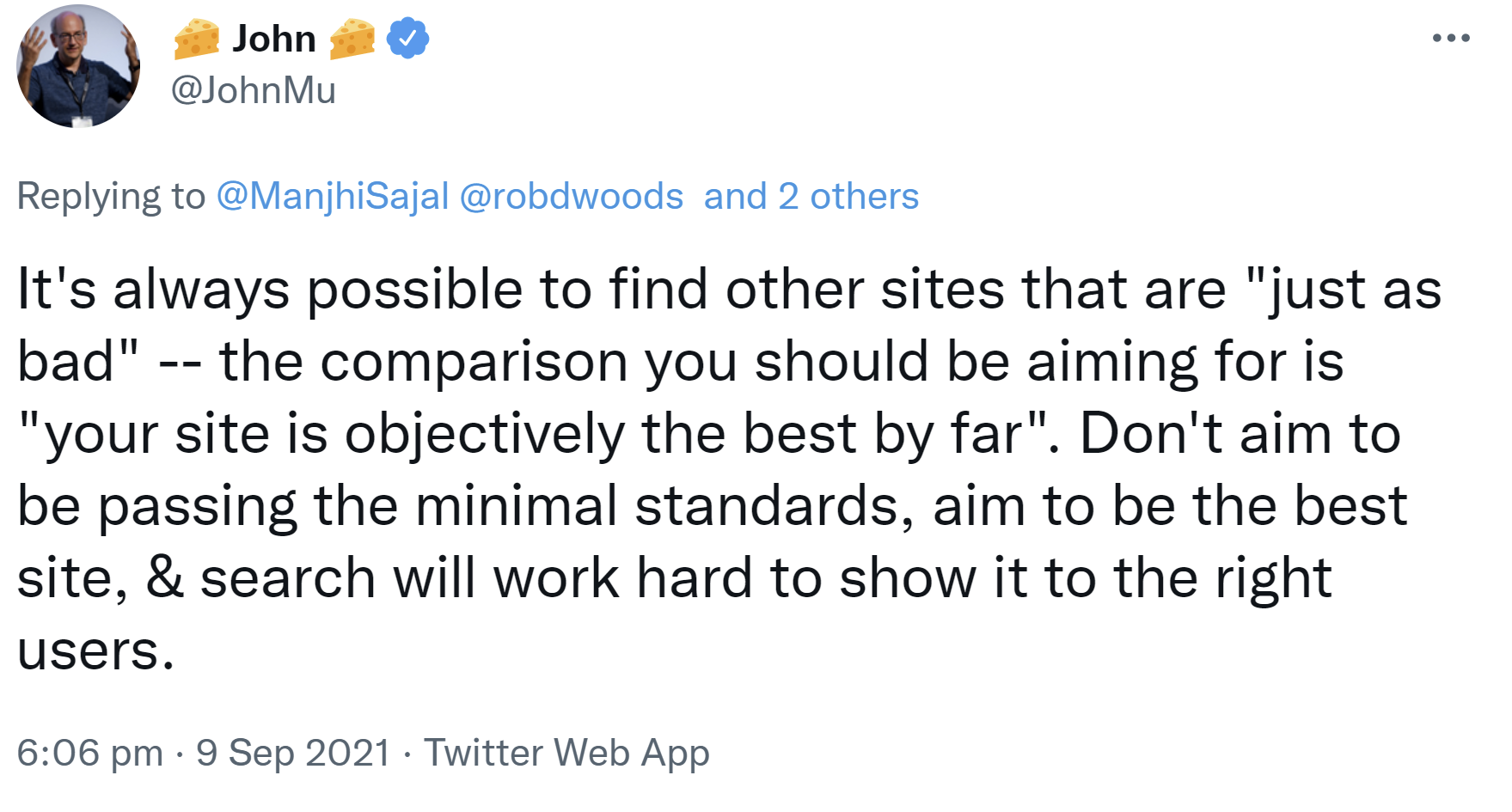 Google: Nicht mit schlechteren Websites vergleichen, sondern versuchen, mit Abstand der Beste zu sein