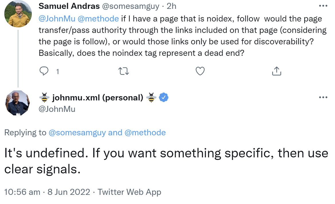 Google: Umgang mit Links auf Seiten mit 'noindex, follow' ist nicht definiert