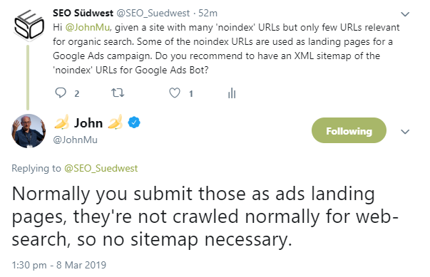 Google: URLs von 'noindex'-Seiten müssen nicht in die Sitemap