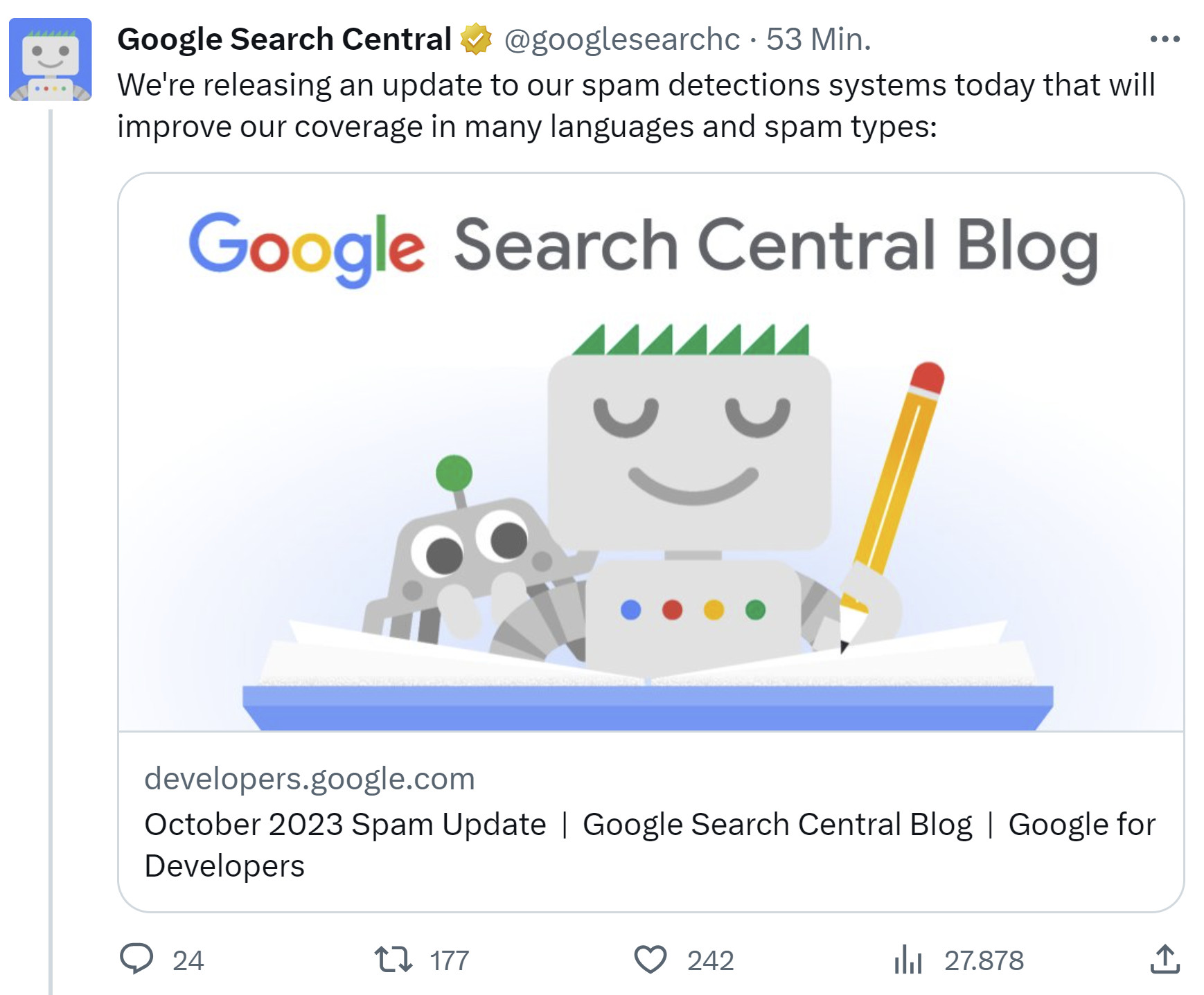 Google rollt 'October 2023 Spam Update' aus - Bekanntgabe auf Twitter