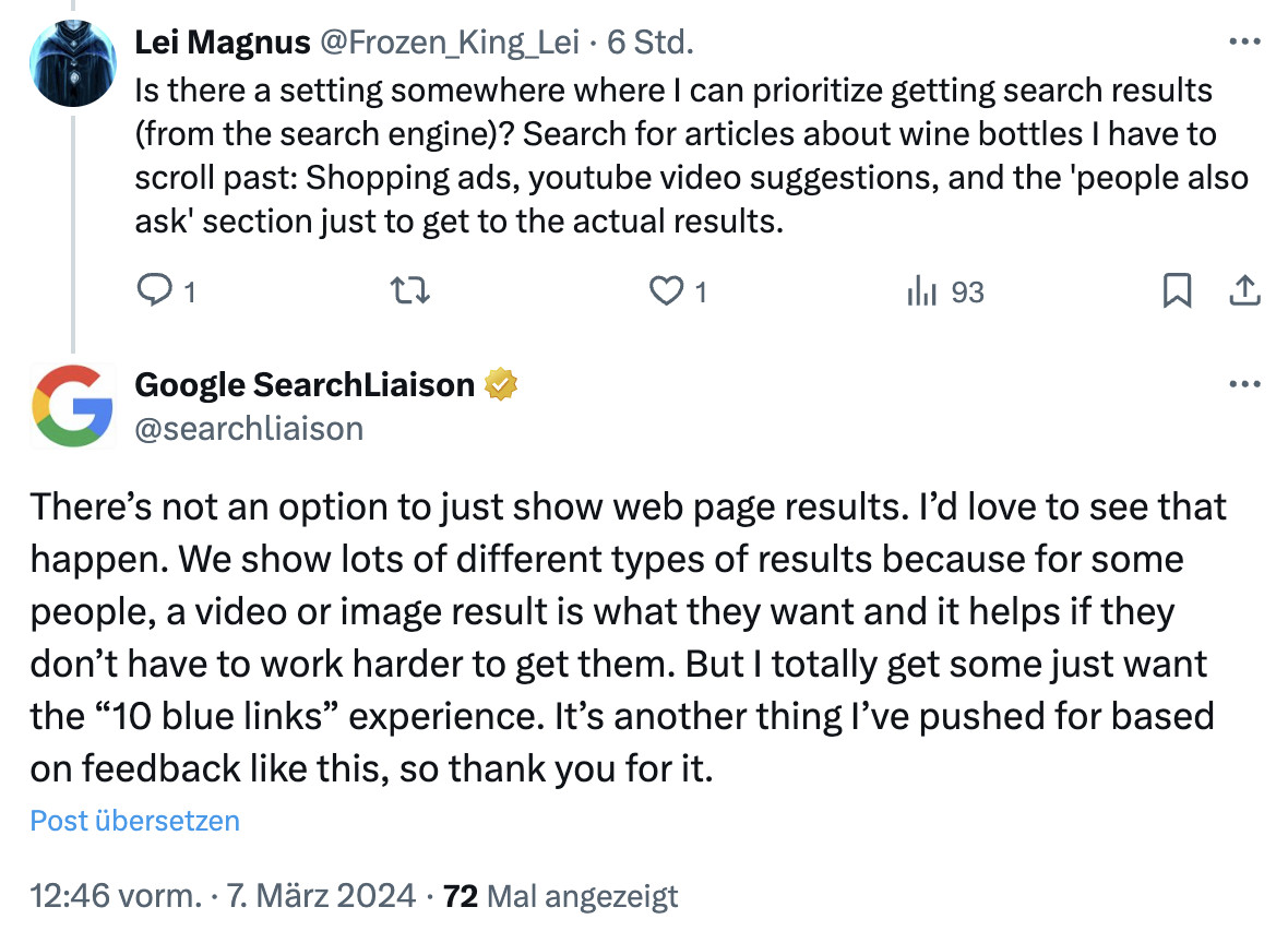 Google zu einer möglichen Filterung der Suchergebnisse auf 10 Blue Links