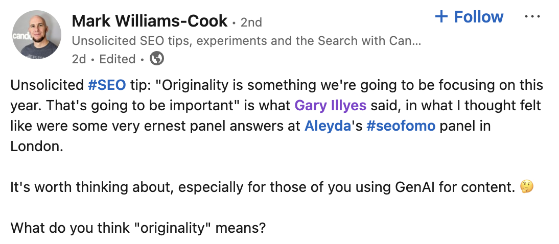 Google: Originalinhalte werden 2025 wichtiger - Mark Williams-Cook auf LinkedIn