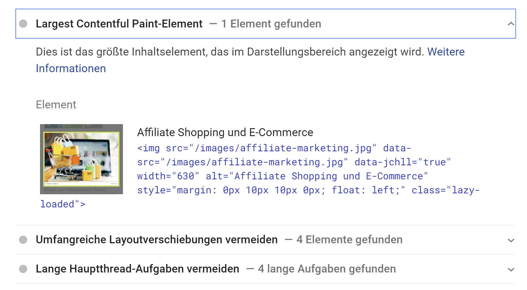 Google PageSpeed Insights Screenshots problematische Elemente