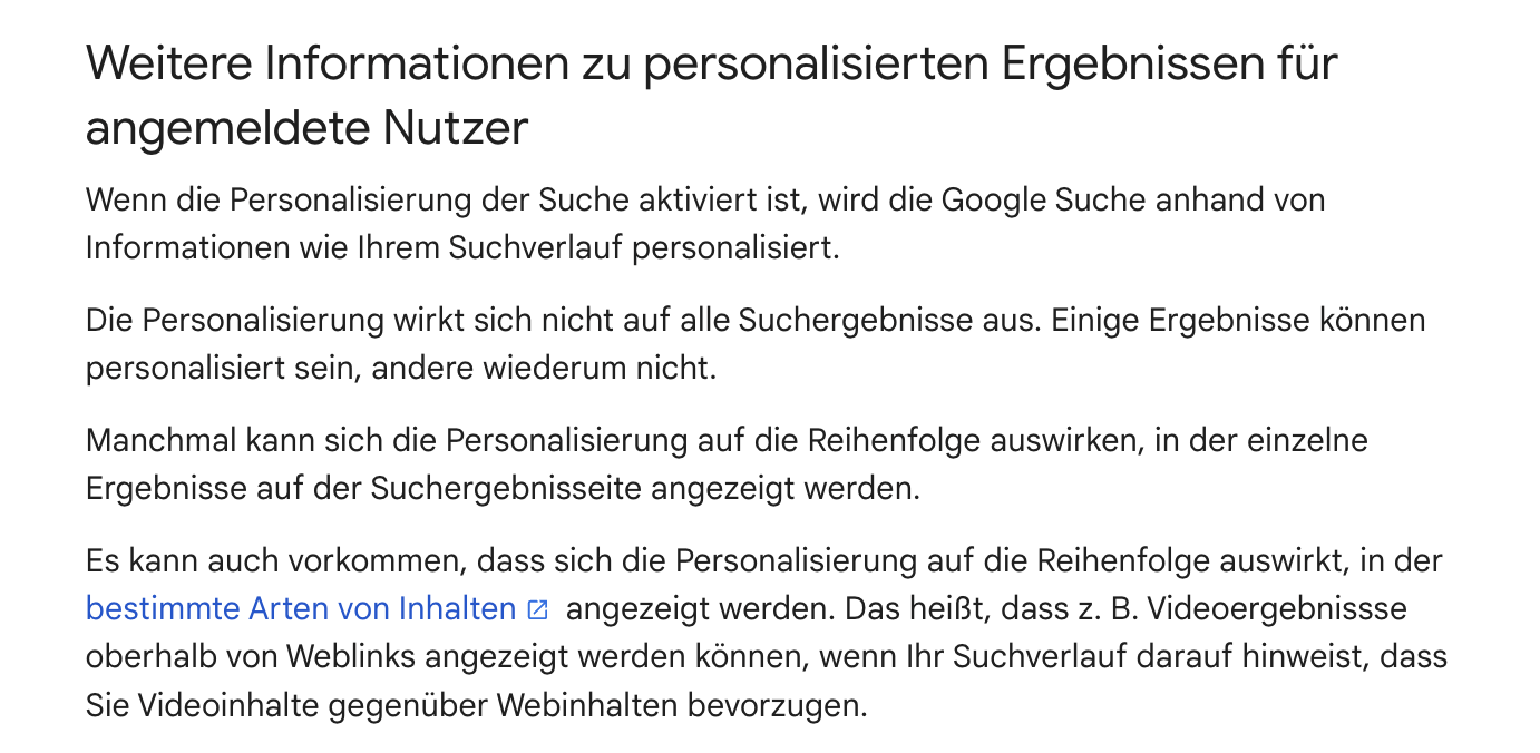 Google Hinweis zur Personalisierung von Suchergebnissen