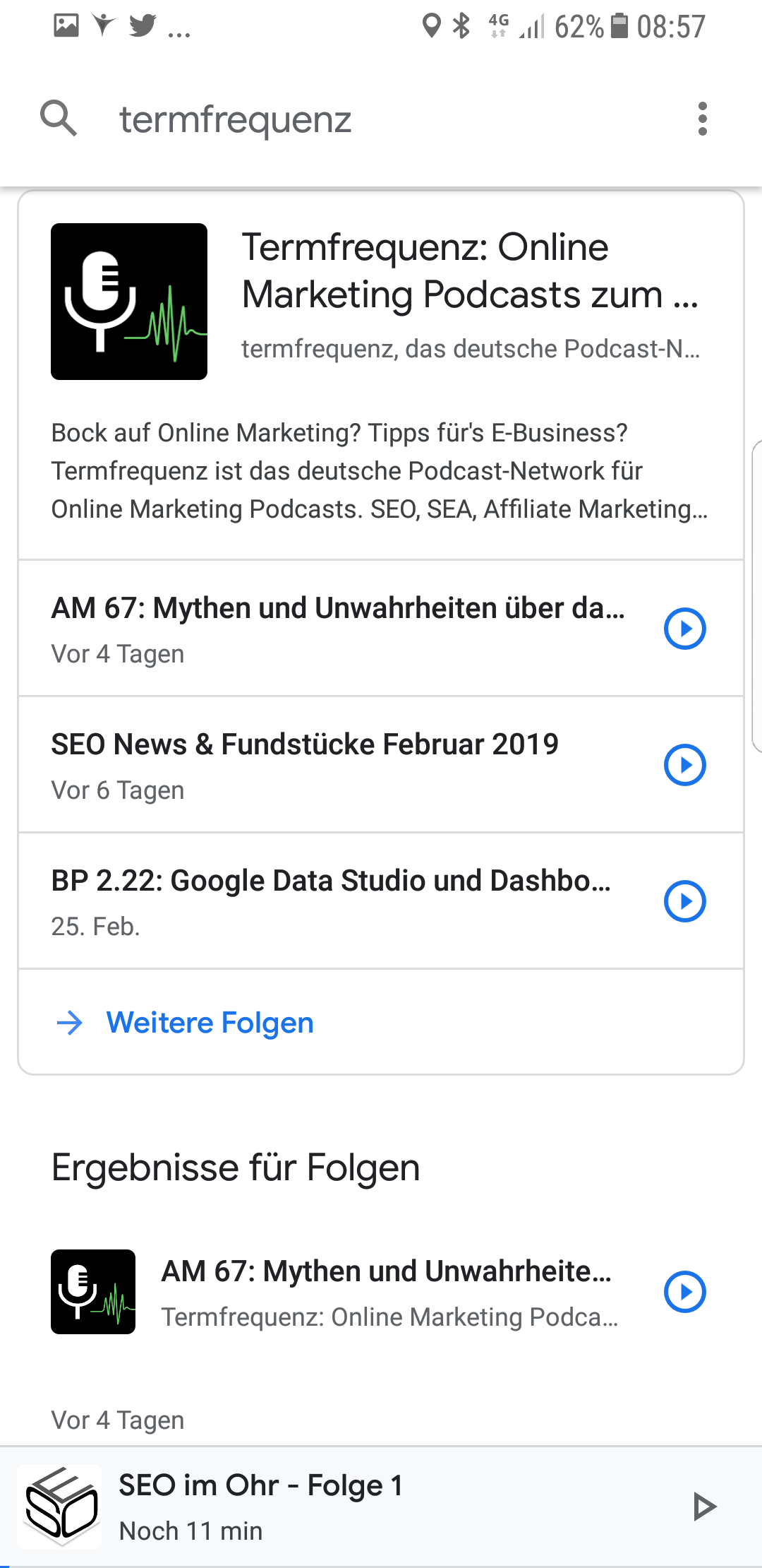 Google Podcasts mit Episoden in den Suchergebnissen