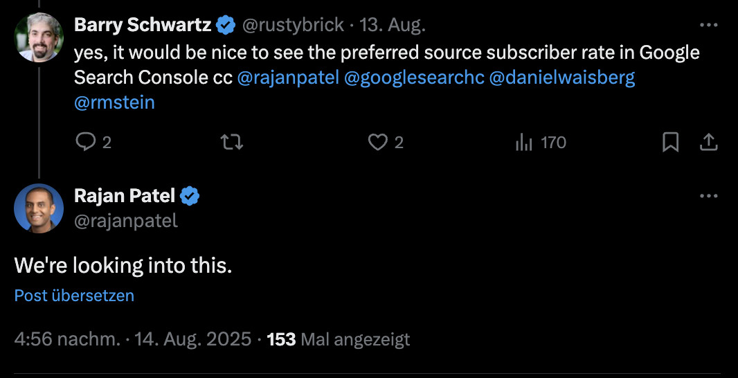 Google: Zahl der Nennungen als bevorzugte Quelle ('Preferred Sources') könnte bald in der Search Console erscheinen
